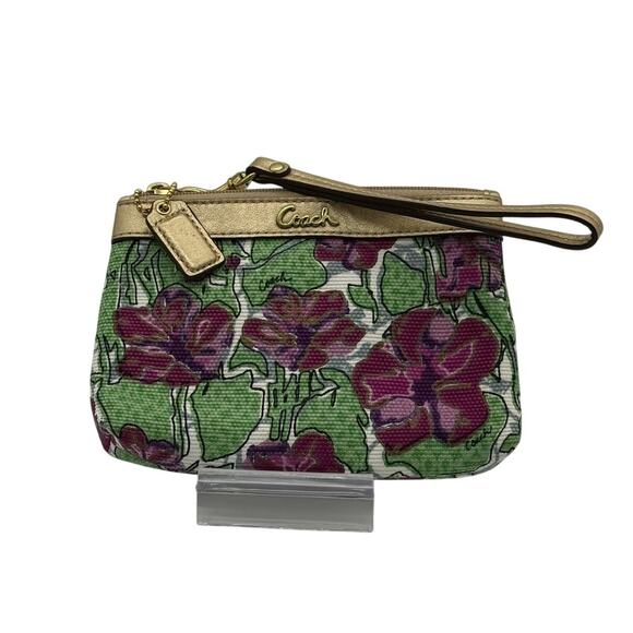 RETAIL $128 Coach Ltd. Edition Ashley Iris Floral Gold Leather & Canvas Wristlet - Picture 1 of 8